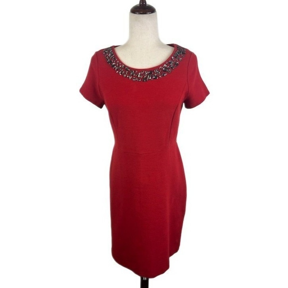 Talbots Dress Women's Size 6P Petite Red Beaded Neckline Short Sleeve Petite